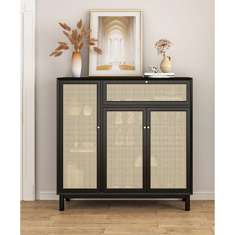 Minimalist modern rattan solid wood shoe cabinet, Black/Natural