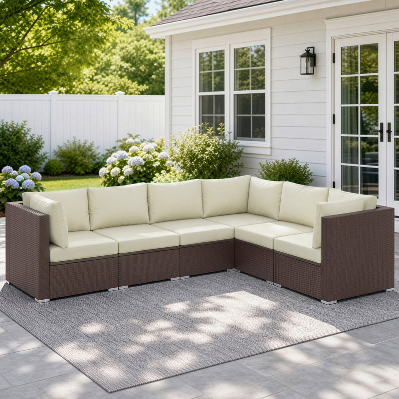 5-piece Outdoor Patio Sectional Sofa Grey Pe Rattan Wicker Conversation Set With Cushions, Brown/Beige