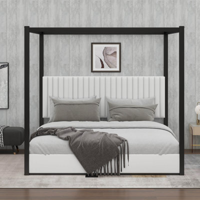 King Size Upholstery Canopy Platform Bed With Headboard And Metal Frame