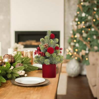 Petit sapin de Noël, décorations de Noël artificielles en forme de boule de velours bourgogne de 12 pouces, pour décoration de Noël.