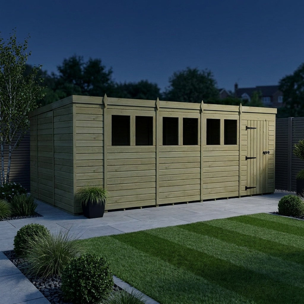 Total Sheds 18ft x 10ft Pent Garden Shed - Single Door - With Windows - Pressure Treated Timber - UK Manufactured
