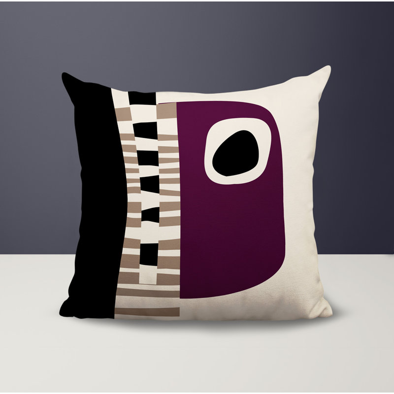Oreiller carré réversible intérieur / extérieur Rikka, H 17 po x l 17 po, Mauve / noir / blanc cassé abstrait