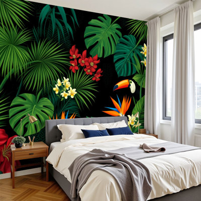 Peel and Stick Wallpaper Tropical Jungle Leaves Toucan Hibiscus Bird Paradise Flowers Black Wall Murals 100"H x 144"W Removable PVC Wall Paper Self-Adhesive Wall Paintings Art Decor for Bedroom Living Room
