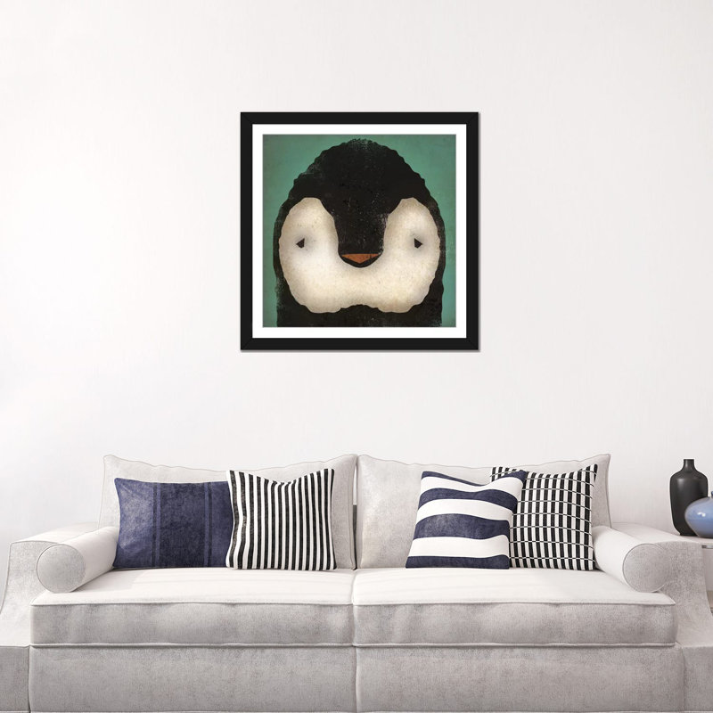 «Baby Penguin on Teal», art sur toile, 24" H x 24" W x 1" D, Papier beaux-arts encadré noir