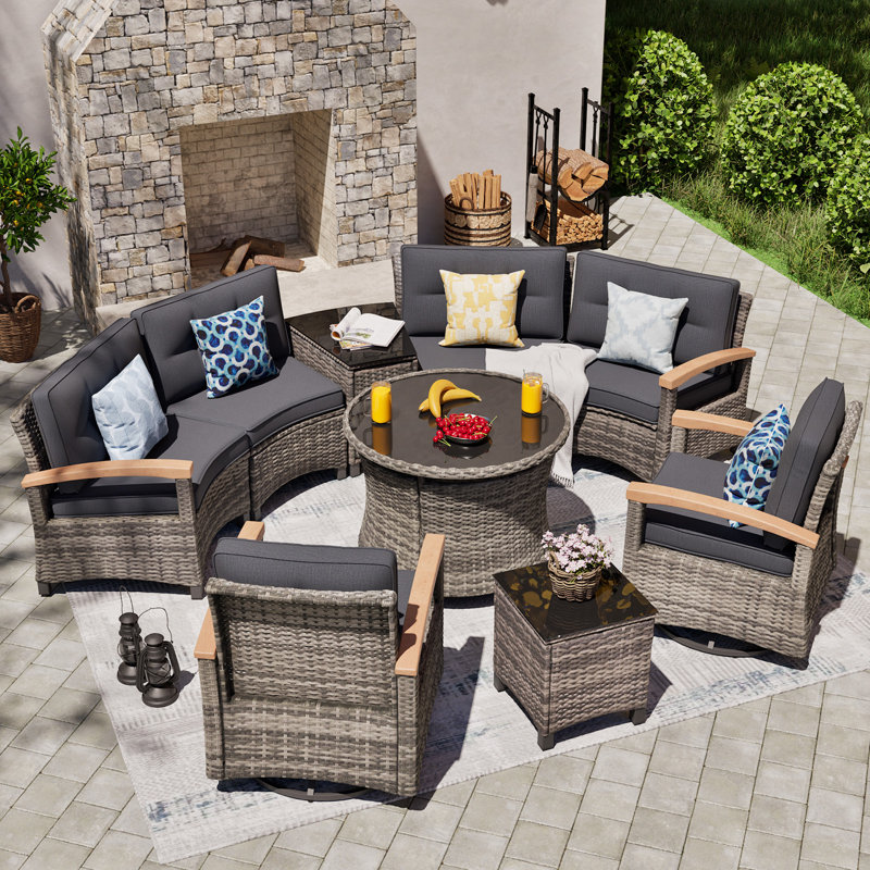 9 Piece Outdoor Patio Furniture Set, Half-Moon Curved Sectional Sofa Rattan Conversation Set With 2 Wood Armrests Swivel Rocker Chairs, Round Coffee Table & Side Table