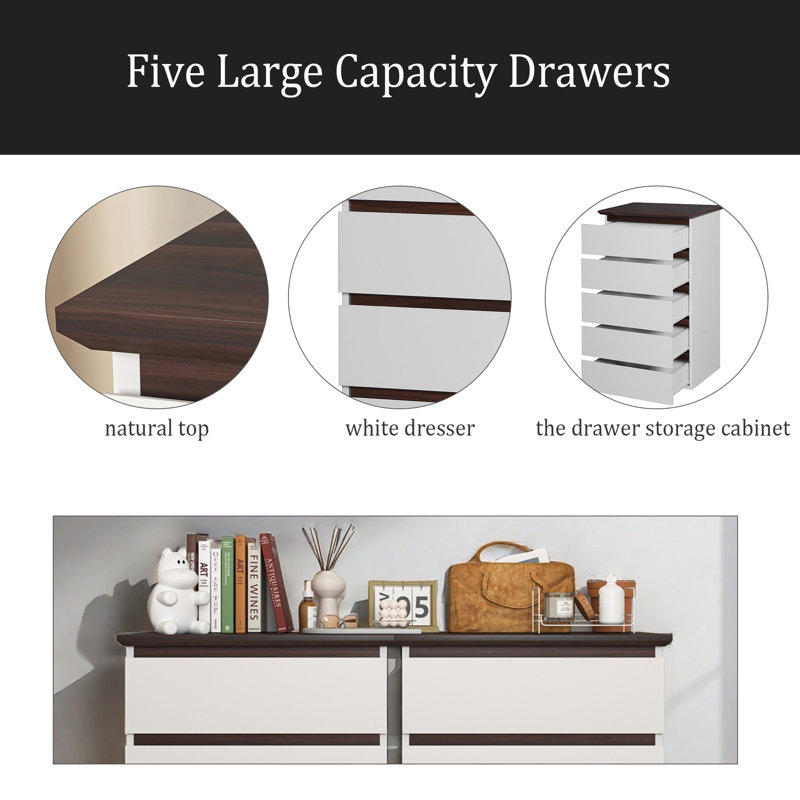 Grande commode blanche pour chambre à coucher, commode Mid-Century moderne avec tiroirs, commode 5 tiroirs avec plateau couleur bois, petite commode pour chambre d'enfant, salon