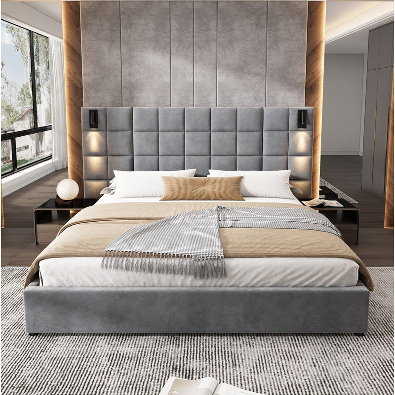 King Size Upholstered Bed Frame,With Wall Sconce And USB Port, Wide Headboard, Velvet, Gray