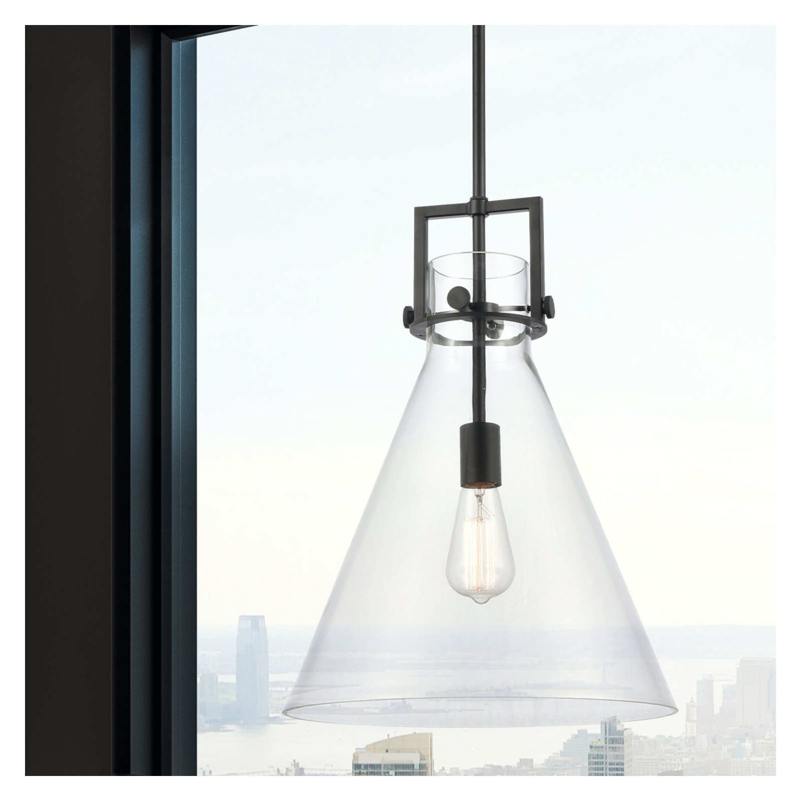 Coterie Single Light Glass Dimmable Pendant, Clear, 19.13" H x 14" W x 14" D, Matte Black