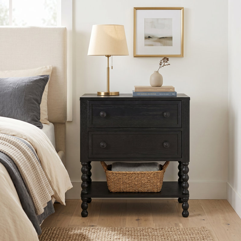 Table de chevet moderne 22 po avec 2 tiroirs à fermeture en douceur, finition en placage de chêne, pieds en bois massif, assemblage rapide sans outils, table de chevet avec rangement pour la chambre à coucher, table de bout minimaliste