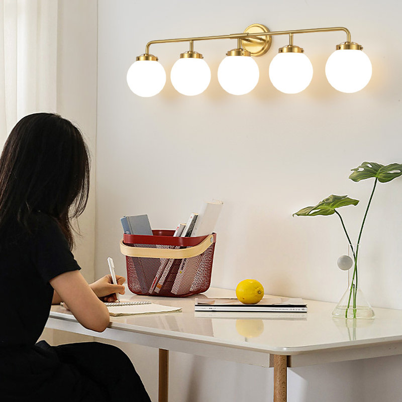 Gold 5-Light Dimmable Vanity Light with White Globe Shades