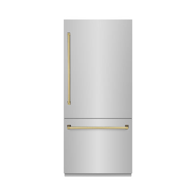 ZLINE Autograph Edition 36 in. 19.8 cu. ft. Built-In Bottom Freezer Refrigerator with Water Dispenser and Ice Maker in Stainless Steel with Graphite Gray Interior and Accents