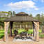 12 pi. X 14 pi Pavillon de jardin en bois de cèdre brun avec toit double en acier galvanisé, rideaux et filet-116937550