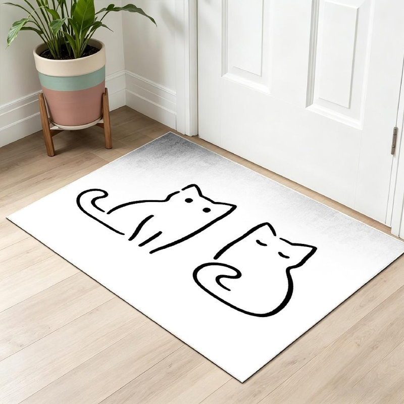 Tapis d'intérieur noir de style zen traditionnel japonais lavable à la machine et à encre de chat minimaliste