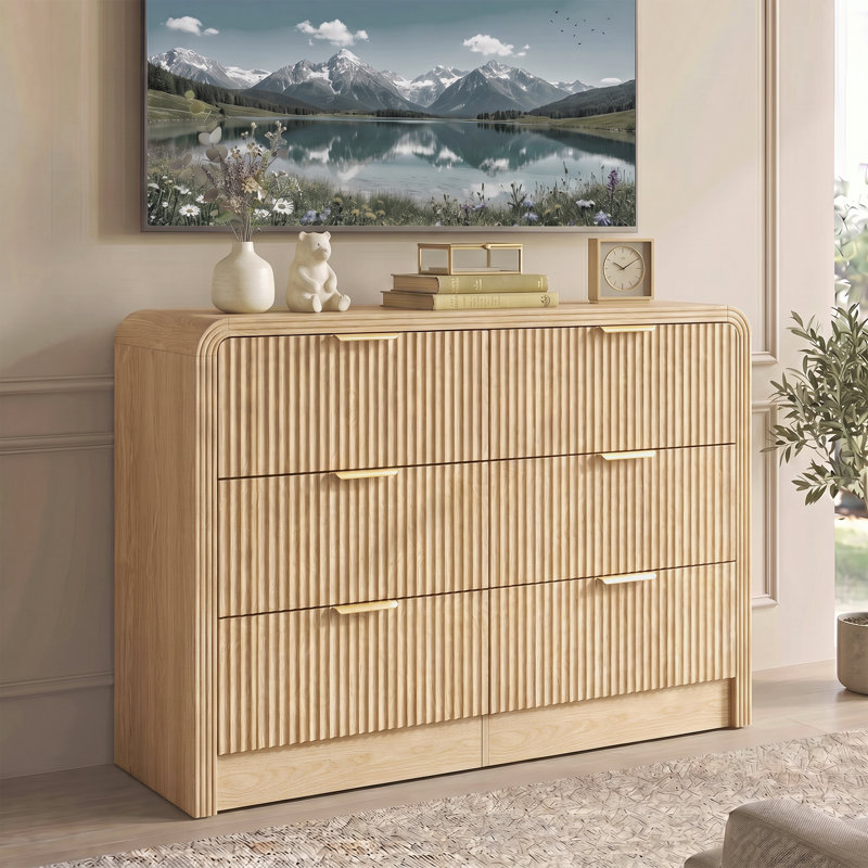Meuble télé Mid-Century à 6 tiroirs avec commode texturée en chêne, 47,2 po de largeur, Chêne