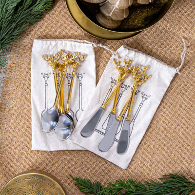 Stainless Steel and Brass Spoons with Reindeer Handles in Printed Drawstring Bag