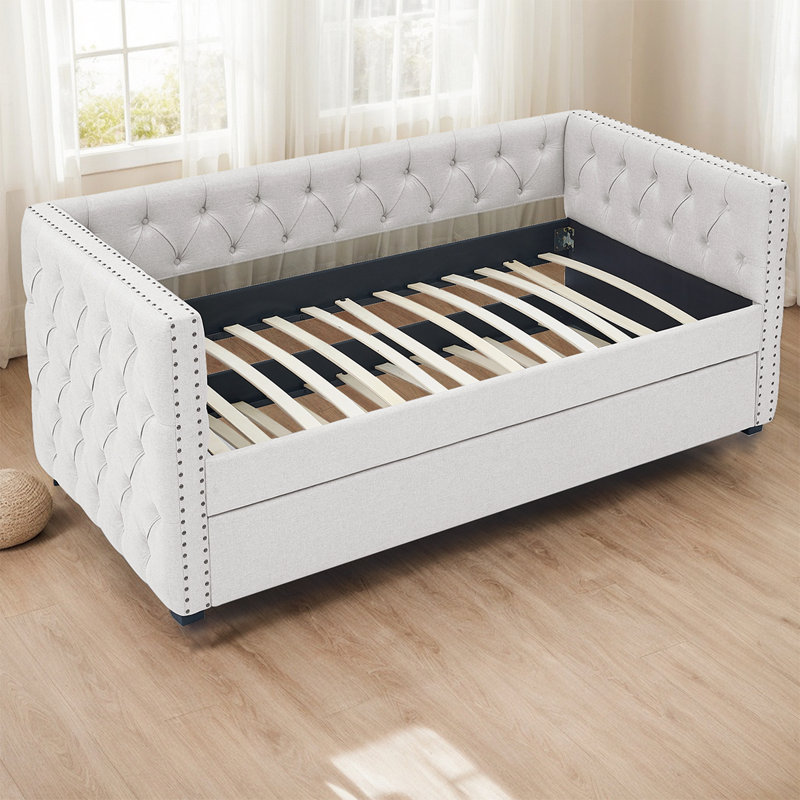Mid-Century Upholstered Daybed With Pull-Out Trundle - Button-Tufted Sofa Bed For Living Room & Guest Space, Beige, Twin