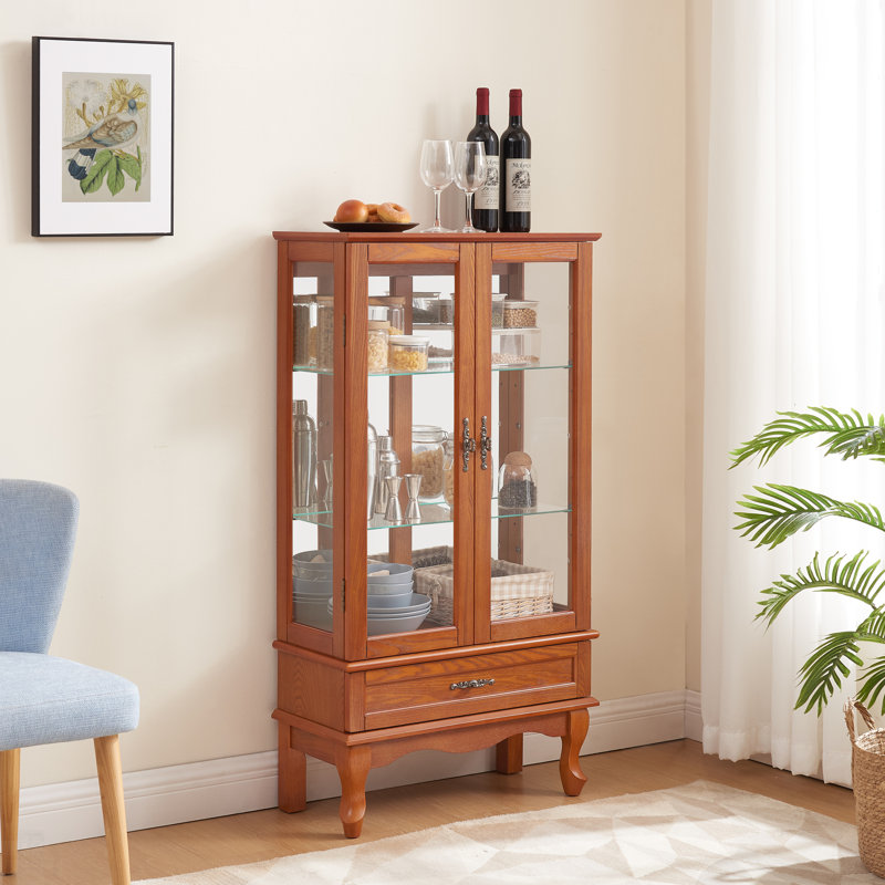 Armoire lumineuse en verre avec tablettes réglables, 2 portes, 1 tiroir et ampoule incluse pour une présentation élégante du vin et de la cuisine