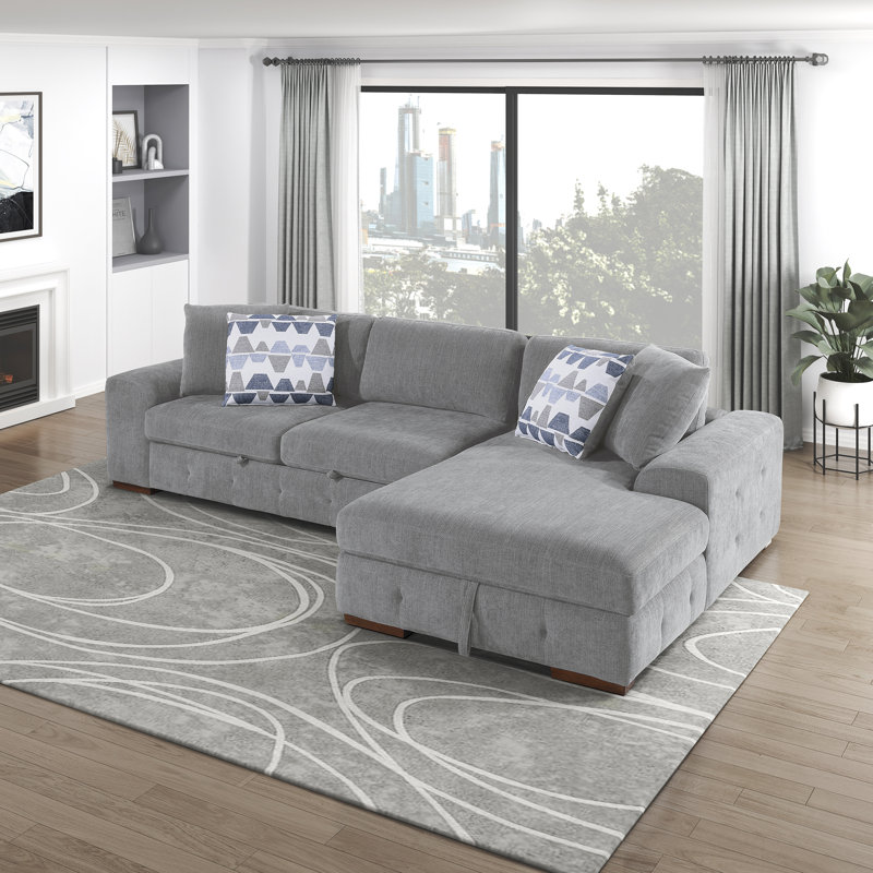 Odesser 115" W 2-Piece Chenille Sleeper Sectional, Right Hand Facing, Gray Chenille