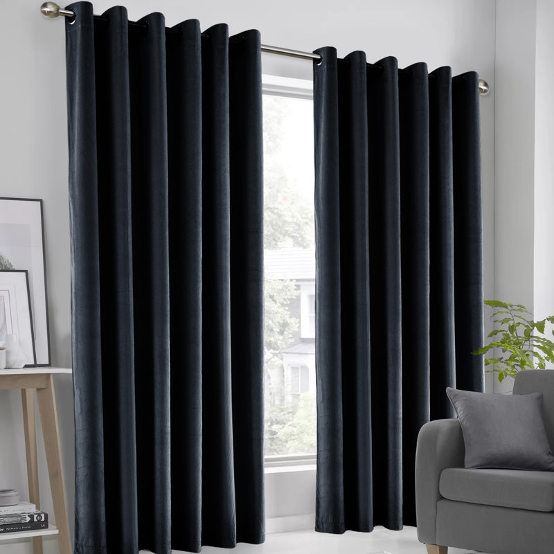 Karelyn Velvet Sheer Eyelet Curtain, 116.84cm Width x 137.16cm Drop, Black