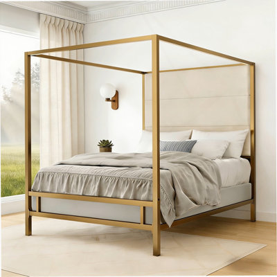 Lit à baldaquin moderne en or avec tête de lit tapissier en tissu de lin haut de 76,5 po