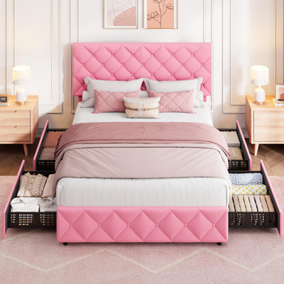 Structure de lit double avec 4 tiroirs de rangement et tête de lit réglable, rose | Tissu en lin, capitonné à motif de losanges, aucun sommier tapissier requis, assemblage facile, lits plateforme rembourrés