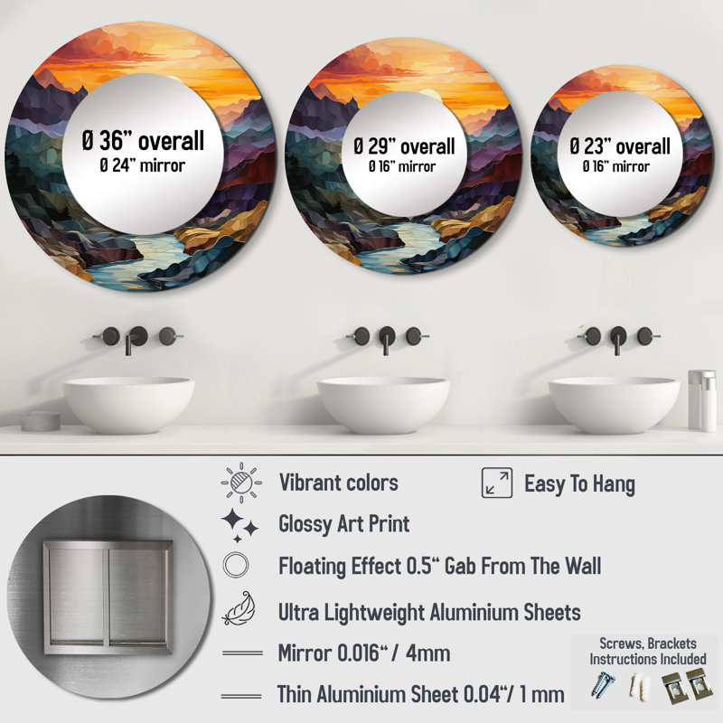 Shannelle Orange Teal Mountains Bold Landscape - miroir mural montagnes, miroir décoratif rond traditionnel, impression d'art en métal