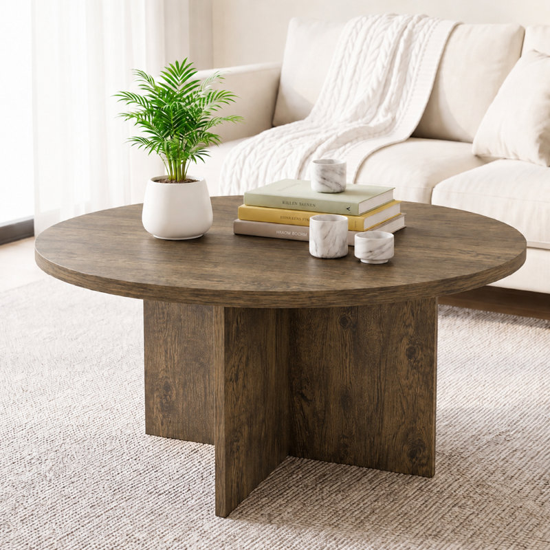 Table basse ronde rustique Heranda 35,4 po, table centrale en bois avec base en forme de croix pour salon, Brun
