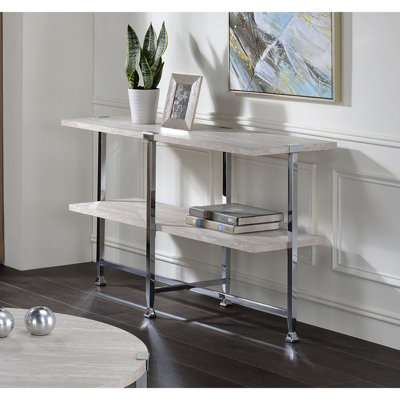Table en demi-lune avec détails en chêne blanc, hauteur de 30 pouces, largeur de 16 po, assemblage Kd, pieds et cadre en bois à tablette fixe en métal, finition, rangement à compartiments ouverts