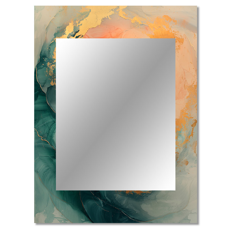 Emerald And Peach Ink Spiral I - Abstract Spirals Unique Wall Mirror, Gold Mirror, Printed Metal Art, 40" x 30"
