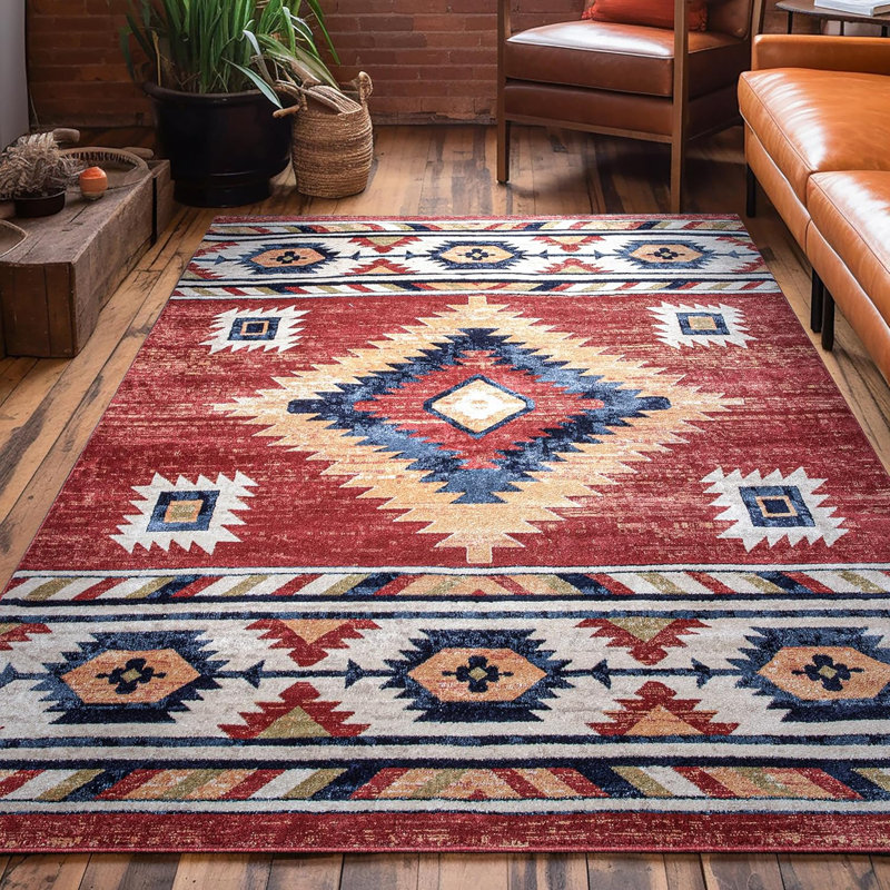 Tribal Elegance Crimson Red Synthetic 5'3" x 7'3" Easy-Care Area Rug