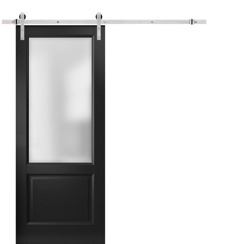 Porte de grange robuste 42 x 84 pouces Lucia 1533 Blanc soie avec verre clair, supports de rail en acier inoxydable de 8 pieds, portes intérieures à panneaux pleins et lourds