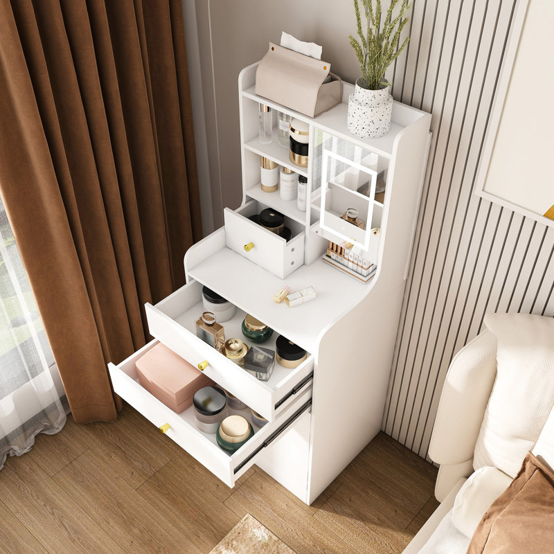 Coiffeuse compacte 31 avec éclairage à DEL, tabouret caché, 4 tiroirs et compartiments de rangement - densité moyenne blanche, idéale pour la chambre à coucher et le maquillage réglable, tabouret rembourré en bois ouvert