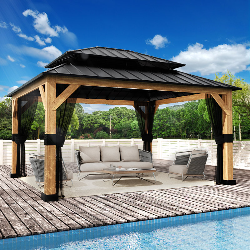 13 Ft. W X 11 Ft. D Solid Wood Outdoor Steel Hard Top Gazebo with Tiered Roof, Cedar Framed Gazebo with Mosquito Netting