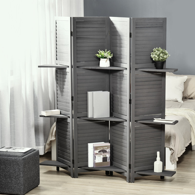 Cloison d'intimité pliable 5,6 pi, gris avec tablettes de rangement pour chambre à coucher / bureau, panneaux rustiques à 4 cloisons, rangement, bois