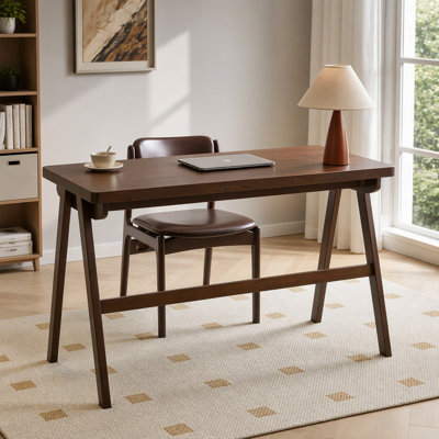 100% Solid Rubber Wood Computer Desk, Retro Walnut Writing Desk with Drawer, Sturdy A-Frame Leg, 39.37"×21.62", 1.38" Extra Thick Home Office Study Ta