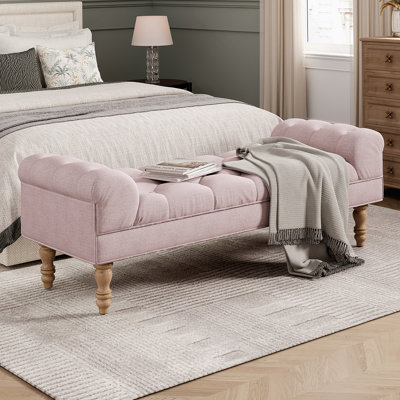 Banc de bout de lit capitonné, grand repose-pieds rembourré, repose-pieds avec pieds, tabouret avec accoudoirs roulés, banc en tissu rembourré, banc d'intérieur pour chambre à coucher, salon, entrée, rose