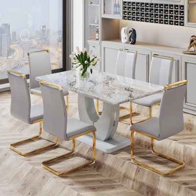 7 Piece - Marbled Dining Table Set