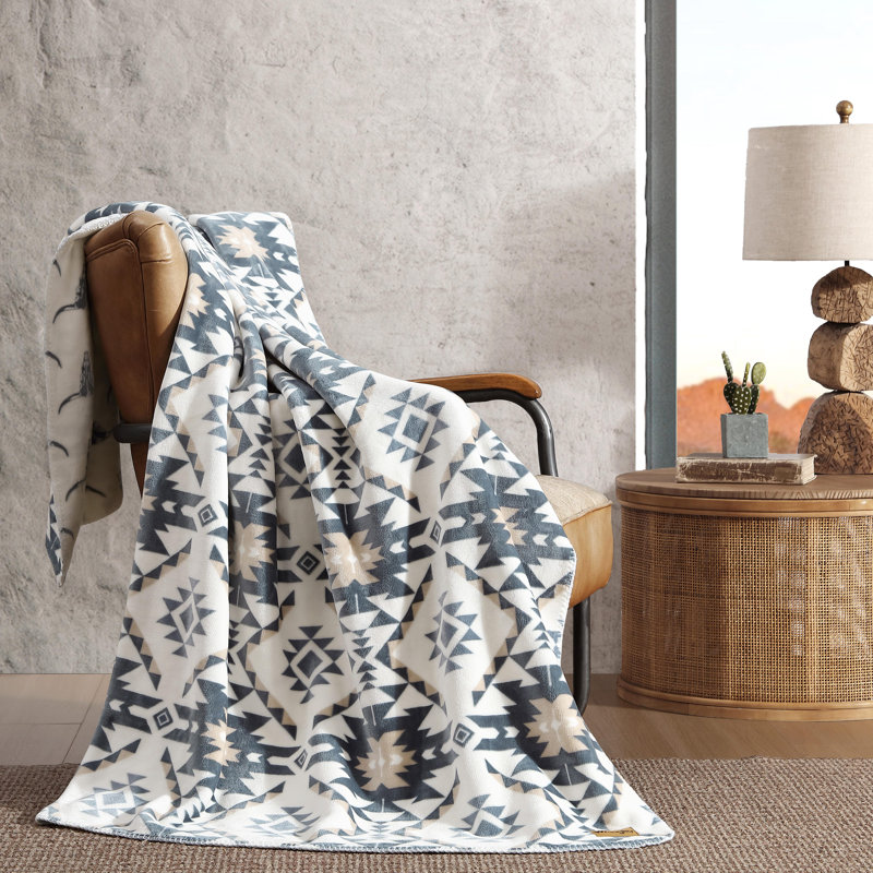 Wrangler Nash Stripe Plush Reversible Blanket, King, Gray Geometric