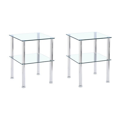 Table de chevet et table d'appoint à 2 niveaux pour petits espaces, pièce avec tablette de rangement, plateau en verre trempé de 8 mm, tablette de 6 mm, conception carrée, bureau de réception à assemblage rapide, espaces design