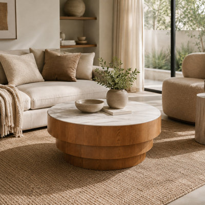 Table basse ronde en fritté de 31,5 po avec base en placage de bois Caston
