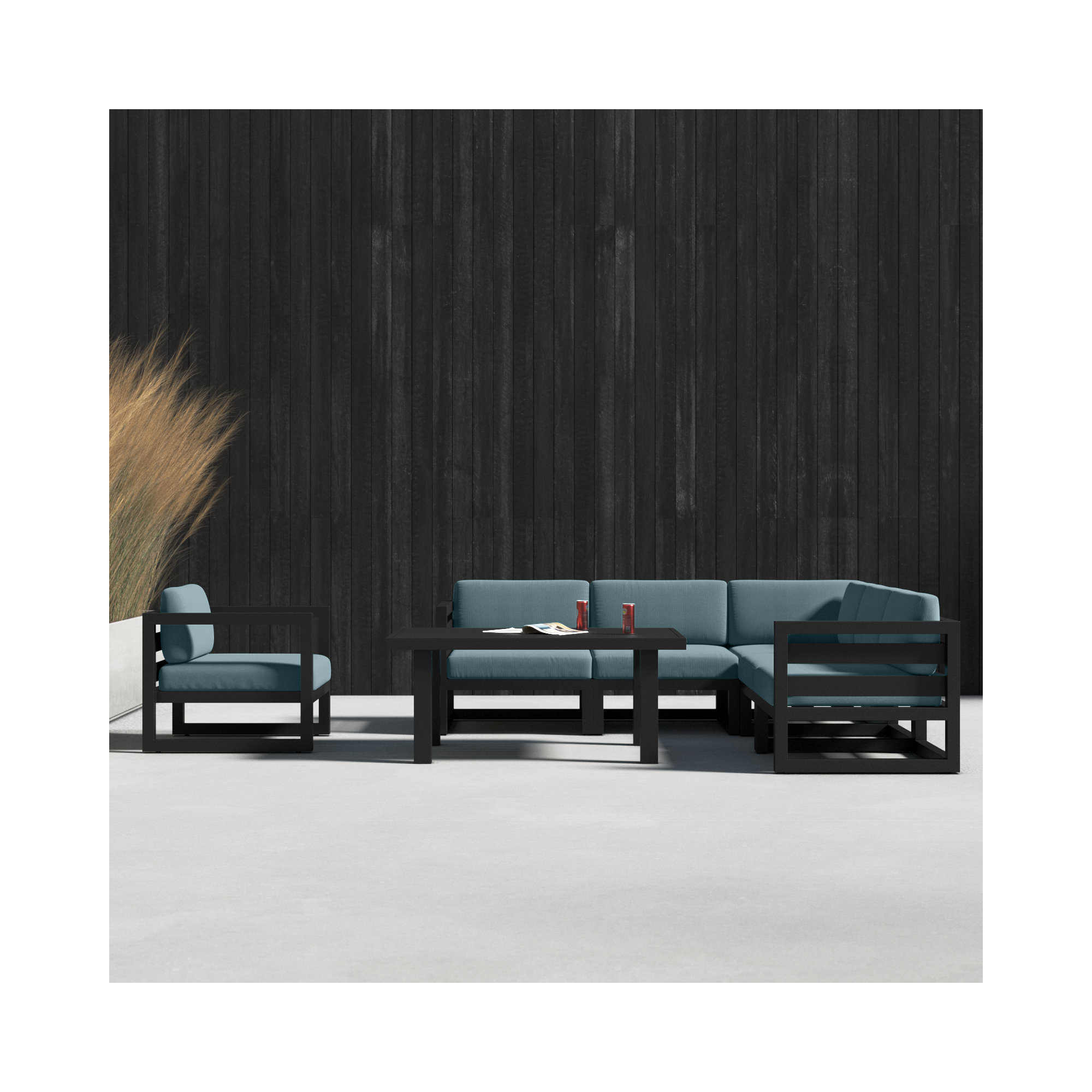 Smith 7 Piece Sectional Seating Group with Sunbrella® Cushions, Black, Cast Lagoon
