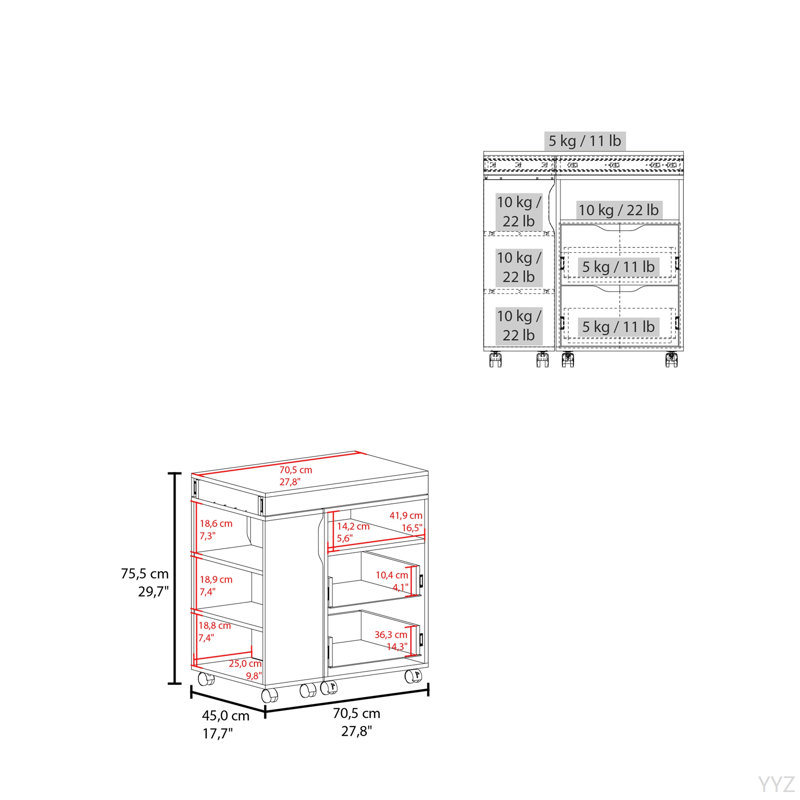 Bureau extensible, 2 tiroirs, 4 tablettes, 4 roulettes