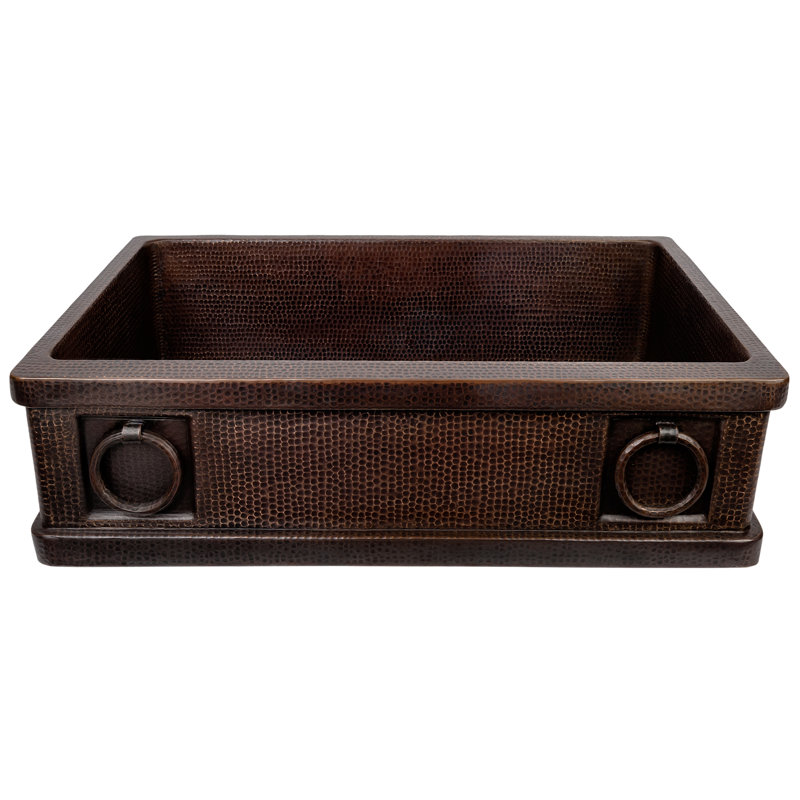 33" Hammered Copper Kitchen Apron Single Basin Sink w/ Rings with Matching Drain and Accessories