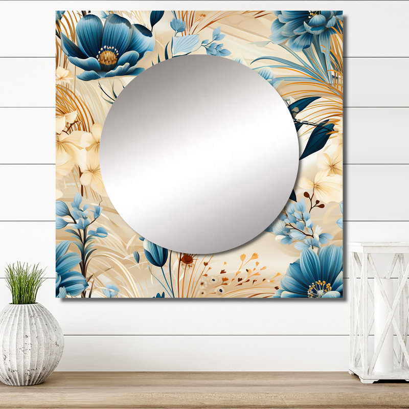 Décoration murale beige et bleue Escape Flowers - Grand miroir carré floral pour chambre à coucher, 29 po x 29 po
