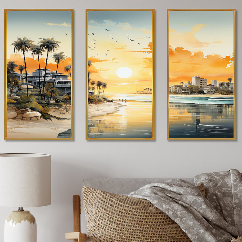 Paysage urbain côtier coucher de soleil - art mural coucher de soleil côtier, Cadre flottant doré, H 32 po x l 48 po x P 1 po