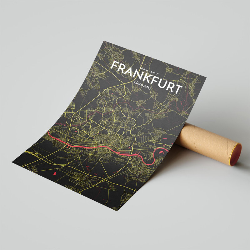 Carte de Francfort, impression graphique contrastée, H 17 po x l 11 po, Noir / rouge / jaune