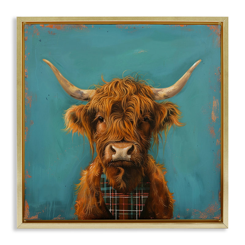  Art mural Highland Cow par LSR Design Studio, H 25 po x l 25 po, Cadre flottant métallique doré