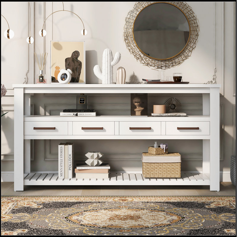 Console moderne de 62,2 po avec 4 tiroirs et 2 tablettes, durable et élégante pour l'organisation du salon