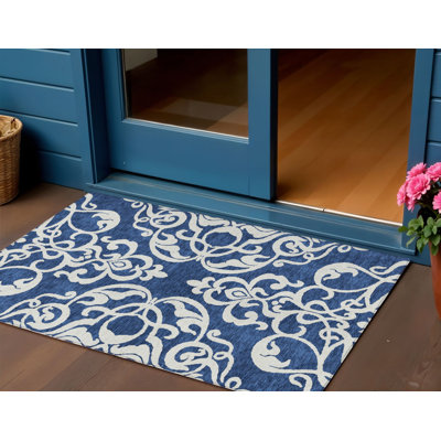 3' X 5' Navy Blue And Ivory Damask Washable Indoor Outdoor Area Rug