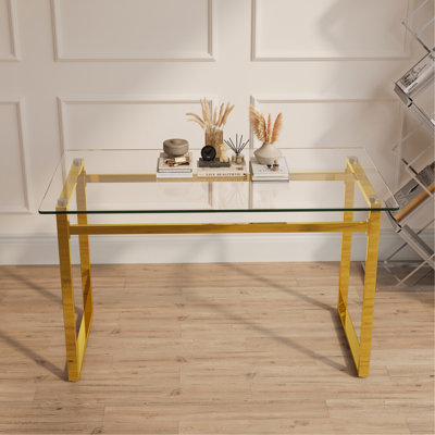 Table de salle à manger 51 "moderne en verre rectangulaire minimaliste pour 4 à 6 personnes avec plateau en verre trempé de 0,31" et pieds en métal chromé doré, bureau de table d'écriture, pour la cuisine, le salon et la salle à manger (0 dégât)